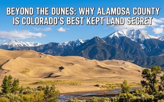 A landscape photograph of the Great Sand Dunes National Park with snow-capped mountains and text overlay: Beyond the Dunes: Why Alamosa County is Colorado’s Best Kept Land Secret.