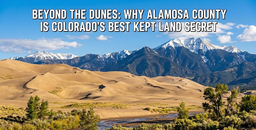 A landscape photograph of the Great Sand Dunes National Park with snow-capped mountains and text overlay: Beyond the Dunes: Why Alamosa County is Colorado’s Best Kept Land Secret.