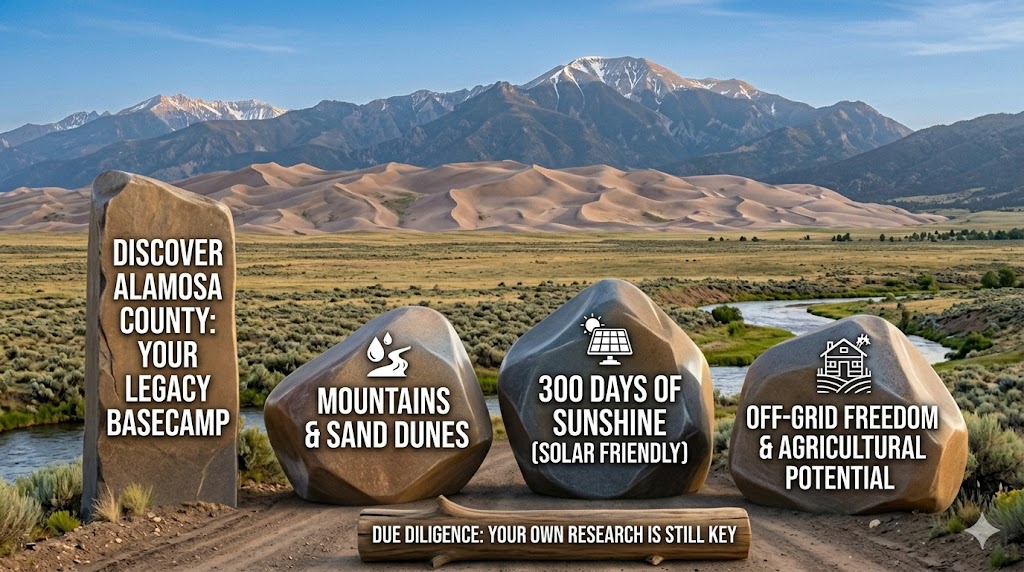 Alamosa County Colorado land for sale featuring Great Sand Dunes and Sangre de Cristo Mountains with stone monoliths highlighting 300 days of sunshine and off-grid living potential