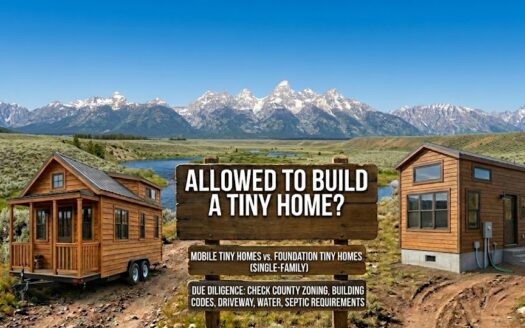 Graphic titled 'Allowed to Build a Tiny Home?' featuring a modern tiny house set against a Colorado mountain backdrop.