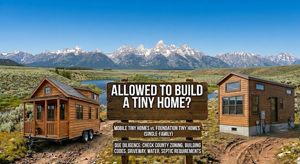 Graphic titled 'Allowed to Build a Tiny Home?' featuring a modern tiny house set against a Colorado mountain backdrop.