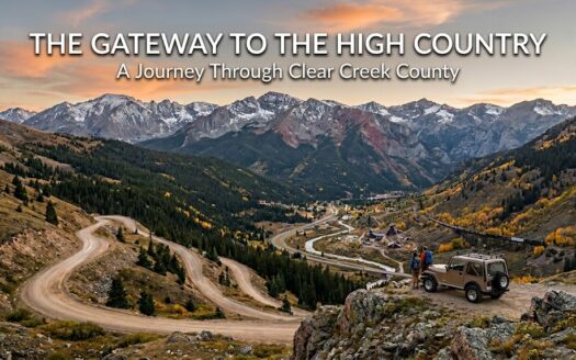 A scenic mountain landscape of Clear Creek County, Colorado at sunset with a winding mountain road, hiker, and off-road vehicle, featuring the text The Gateway to the High Country