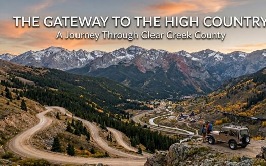 A scenic mountain landscape of Clear Creek County, Colorado at sunset with a winding mountain road, hiker, and off-road vehicle, featuring the text The Gateway to the High Country