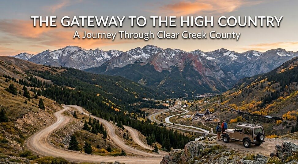 A scenic mountain landscape of Clear Creek County, Colorado at sunset with a winding mountain road, hiker, and off-road vehicle, featuring the text The Gateway to the High Country