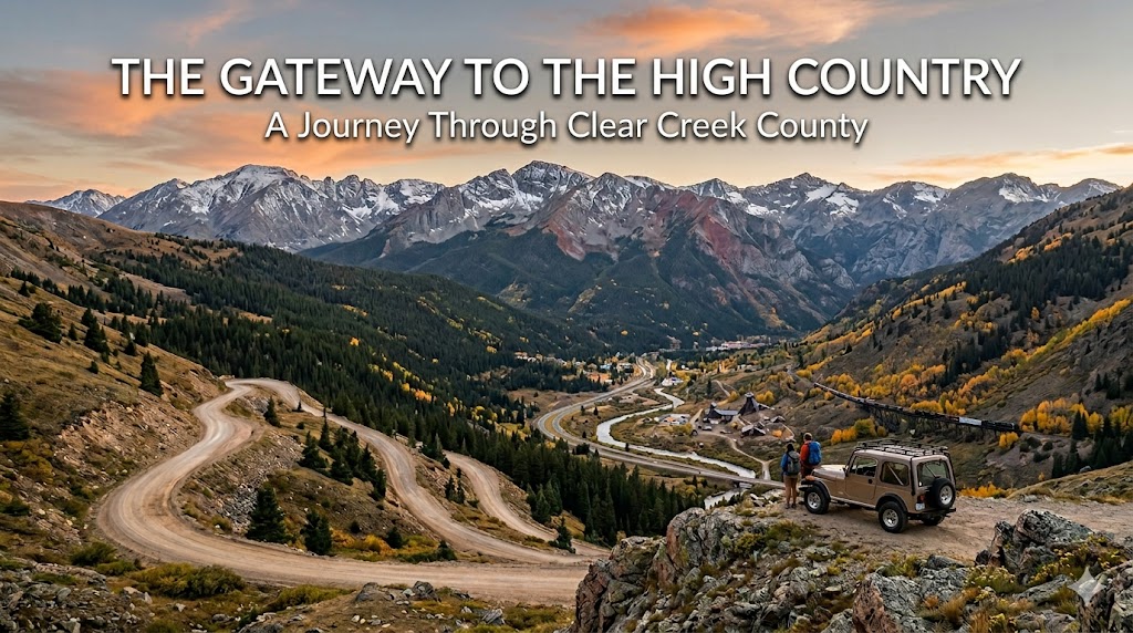 A scenic mountain landscape of Clear Creek County, Colorado at sunset with a winding mountain road, hiker, and off-road vehicle, featuring the text The Gateway to the High Country