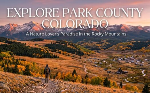 A hiker overlooking the golden autumn landscapes and mountain peaks of Park County, Colorado, featuring the text Explore Park County Colorado