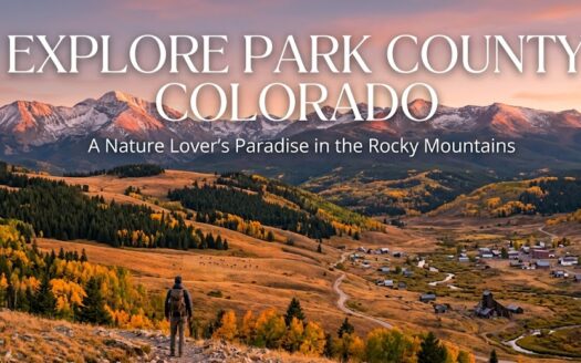 A hiker overlooking the golden autumn landscapes and mountain peaks of Park County, Colorado, featuring the text Explore Park County Colorado
