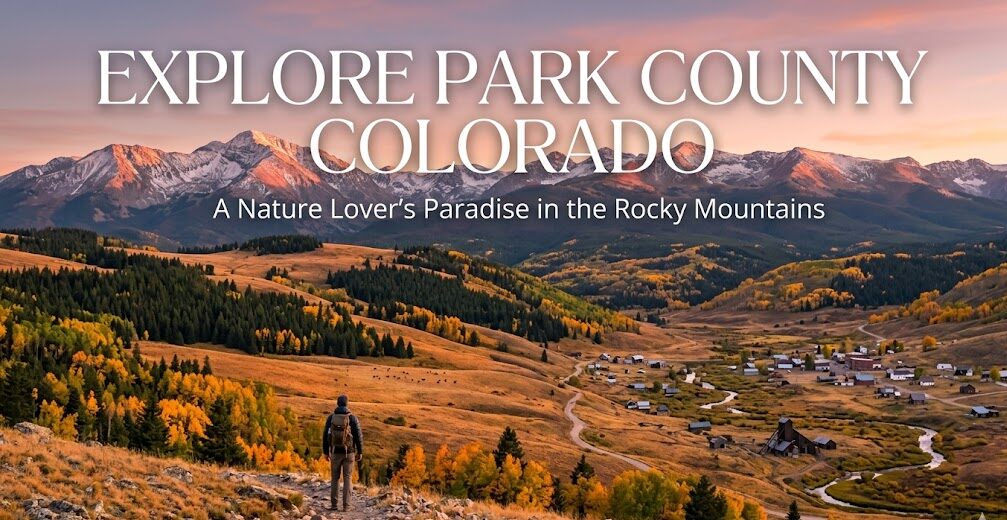 A hiker overlooking the golden autumn landscapes and mountain peaks of Park County, Colorado, featuring the text Explore Park County Colorado