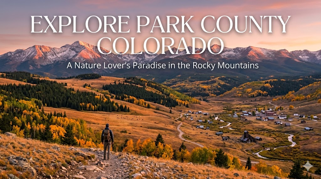 A hiker overlooking the golden autumn landscapes and mountain peaks of Park County, Colorado, featuring the text Explore Park County Colorado