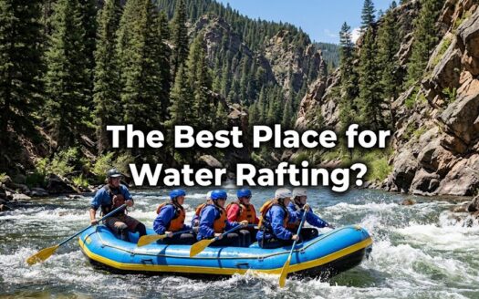 Whitewater rafting on Clear Creek in Colorado, featuring a blue and yellow raft navigating dynamic rapids with paddlers and a scenic canyon background.