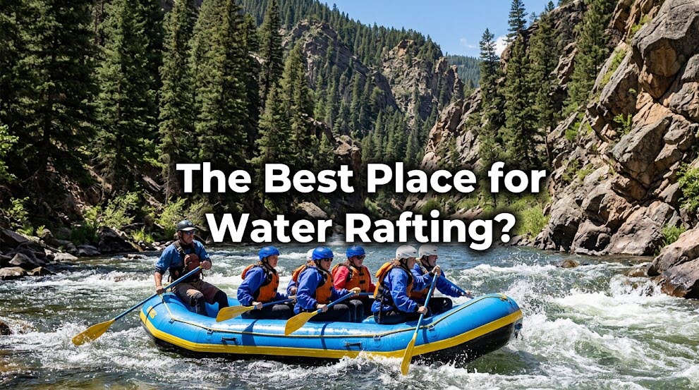 Whitewater rafting on Clear Creek in Colorado, featuring a blue and yellow raft navigating dynamic rapids with paddlers and a scenic canyon background.