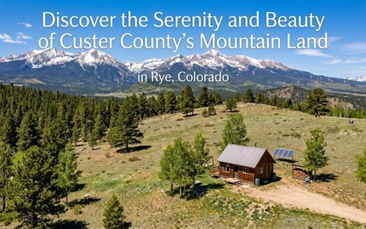 Discover the Serenity and Beauty of Custer County’s Mountain Land in Rye, Colorado. An aerial view of a rustic wooden cabin on a grassy hill with the snow-capped Sangre de Cristo Mountains in the background.