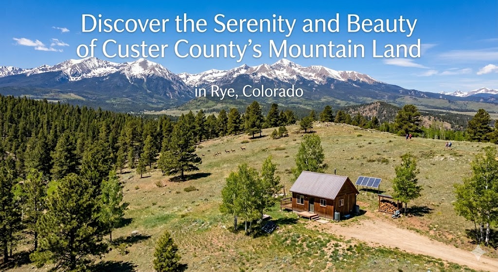 Discover the Serenity and Beauty of Custer County’s Mountain Land in Rye, Colorado. An aerial view of a rustic wooden cabin on a grassy hill with the snow-capped Sangre de Cristo Mountains in the background.