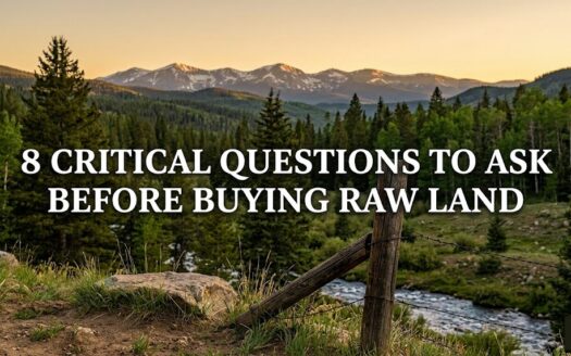 Featured image for CheapLandFarm.com blog post titled "8 Critical Questions to Ask Before Buying Raw Land", showing a scenic Colorado mountain valley with a forest, river, and rustic fence post under a golden sunset