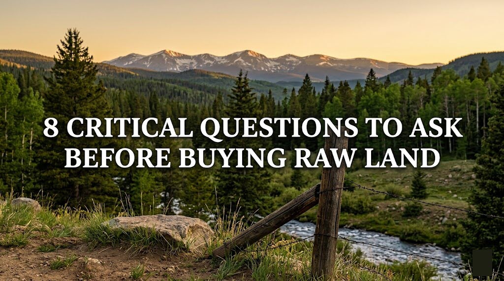 Featured image for CheapLandFarm.com blog post titled "8 Critical Questions to Ask Before Buying Raw Land", showing a scenic Colorado mountain valley with a forest, river, and rustic fence post under a golden sunset