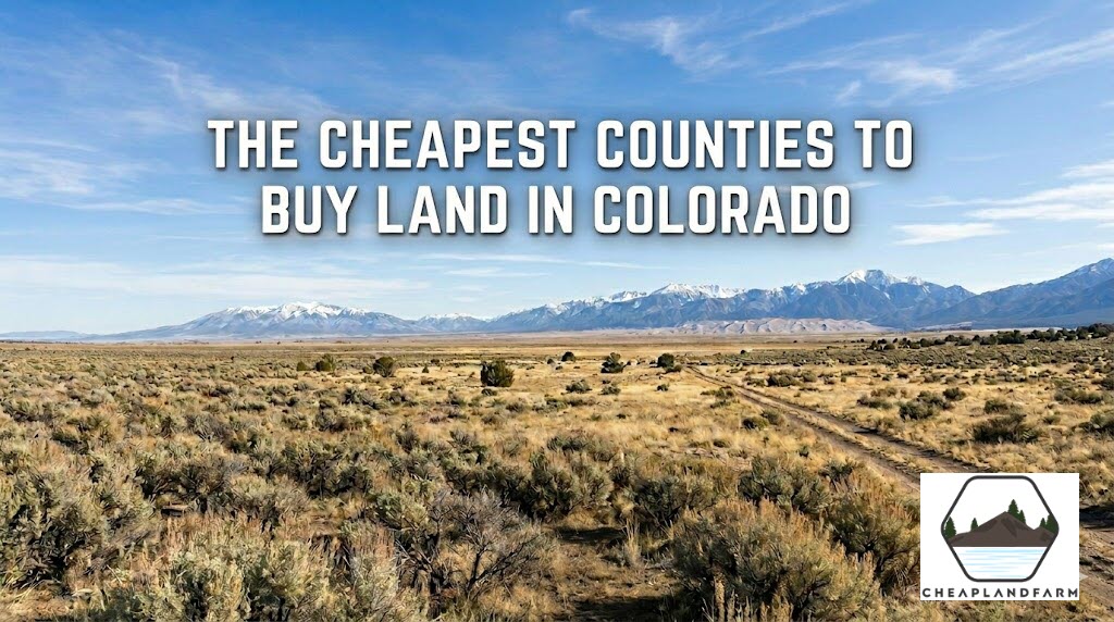 Wide panoramic view of cheap raw land for sale in Alamosa County Colorado with dirt road leading toward the Great Sand Dunes and snow-capped Sangre de Cristo Mountains under a blue sky.