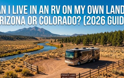 A recreational vehicle parked on rural raw land in the American West, representing how to live in an RV on my own land in Arizona or Colorado.