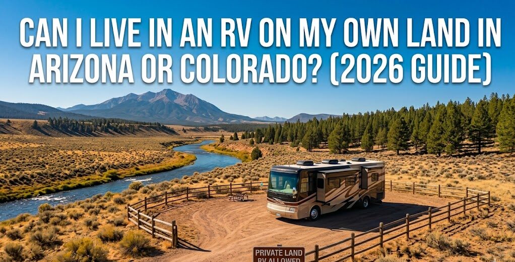 A recreational vehicle parked on rural raw land in the American West, representing how to live in an RV on my own land in Arizona or Colorado.