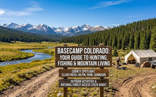 Colorado mountain landscape bordering national forest land with an RV parked in a clearing