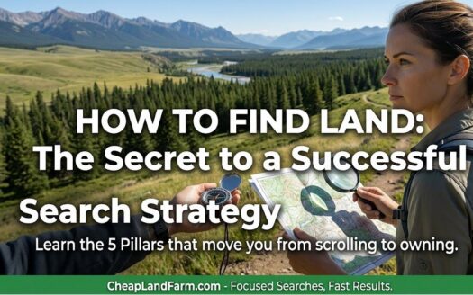 How to Find Land Fast: The Secret to a Successful Search Strategy" featuring a background image of a winding river through a mountain valley and a hand holding a compass.
