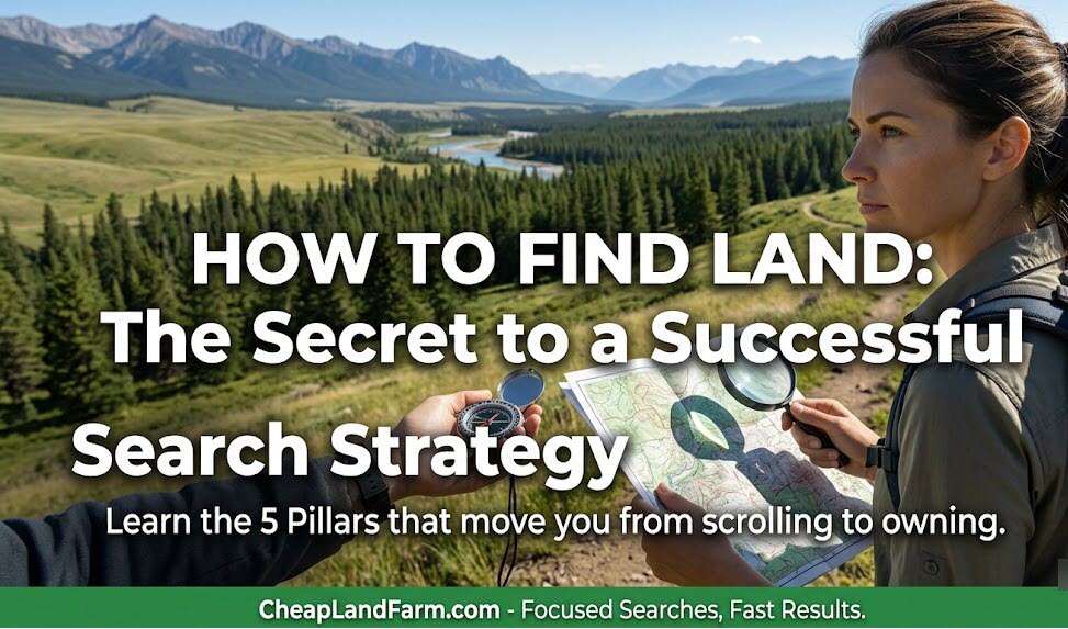 How to Find Land Fast: The Secret to a Successful Search Strategy" featuring a background image of a winding river through a mountain valley and a hand holding a compass.