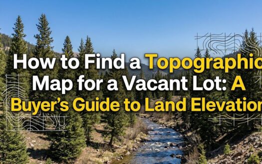 Featured image for blog post showing a scenic Colorado mountain lot with a flowing creek, pine trees, and an overlay of topographic contour lines.