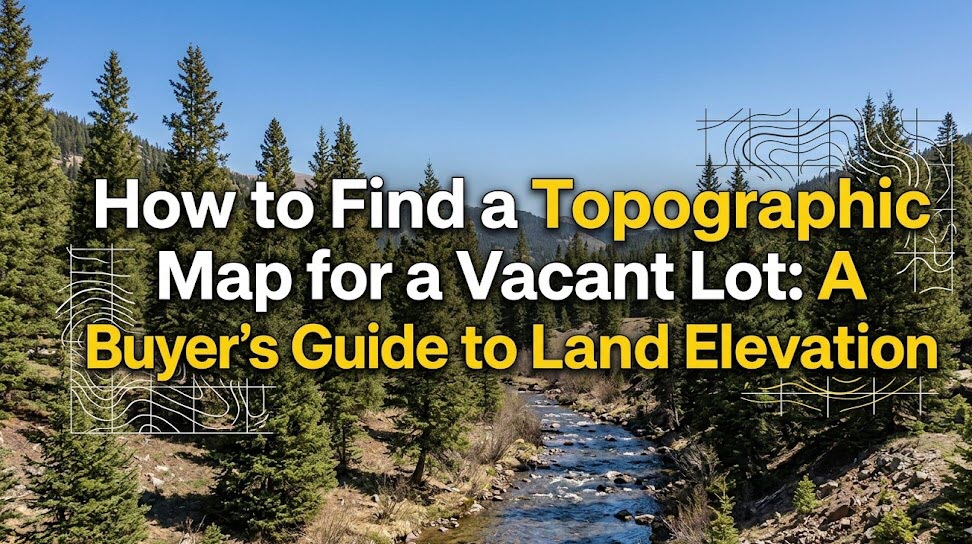 Featured image for blog post showing a scenic Colorado mountain lot with a flowing creek, pine trees, and an overlay of topographic contour lines.
