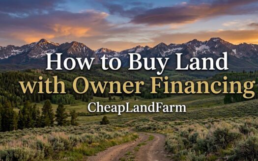 A winding dirt road in the foreground leading toward a range of dramatic Rocky Mountains under a cloudy sunset sky. Overlayed text reads: How to Buy Land with Owner Financing - CheapLandFarm.