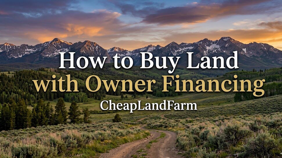 A winding dirt road in the foreground leading toward a range of dramatic Rocky Mountains under a cloudy sunset sky. Overlayed text reads: How to Buy Land with Owner Financing - CheapLandFarm.