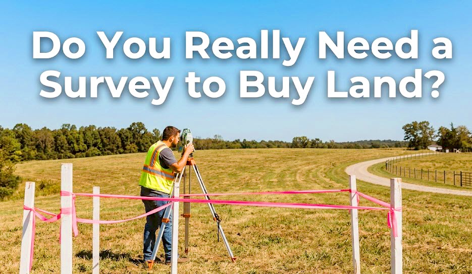 A real estate surveyor using a total station theodolite to measure boundary lines in an open grassy field