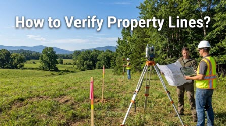 Surveyors and buyers verify property lines on vacant land using a plat map and GPS tools.