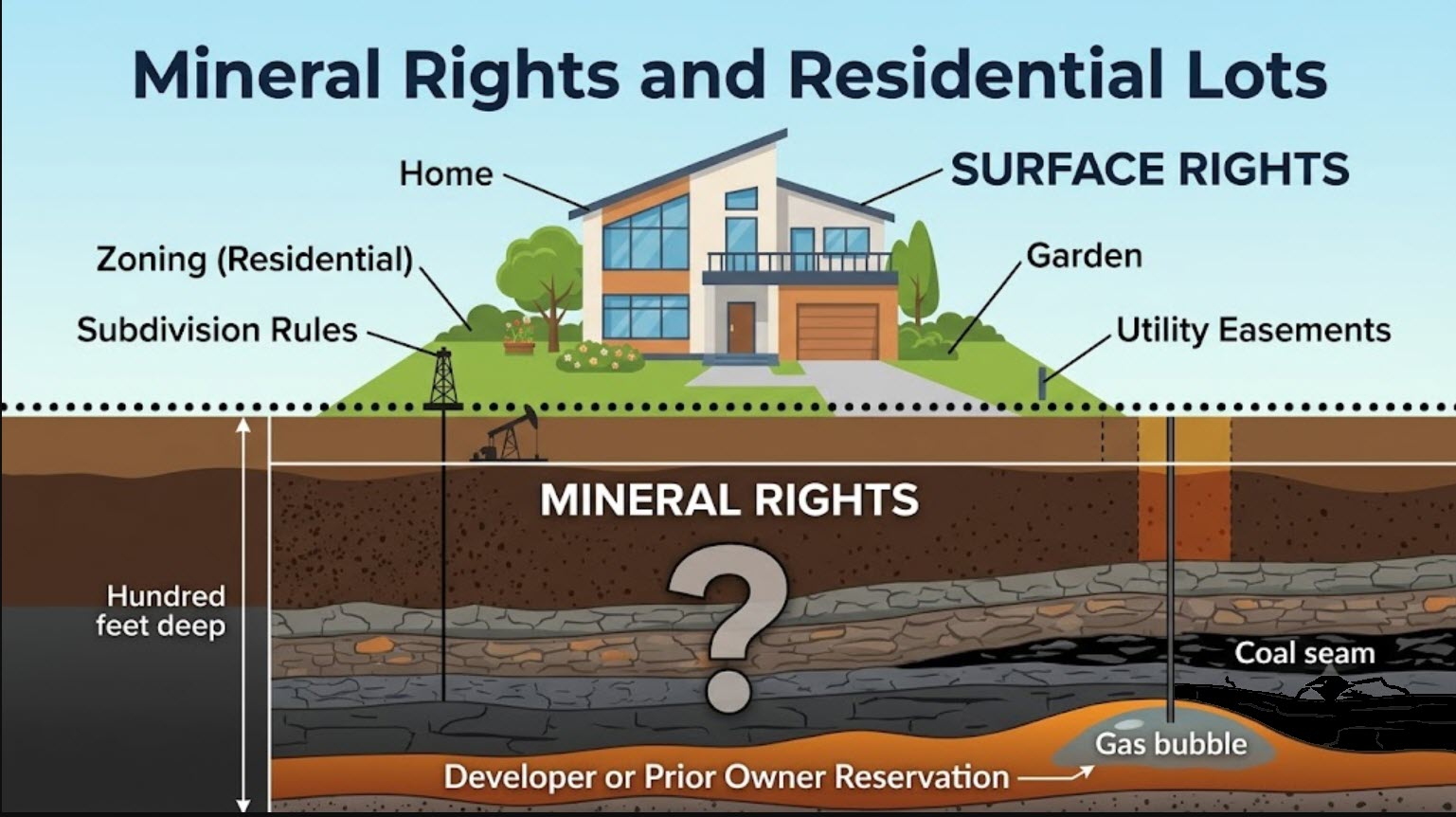 Diagram showing surface rights vs mineral rights for a residential land lot